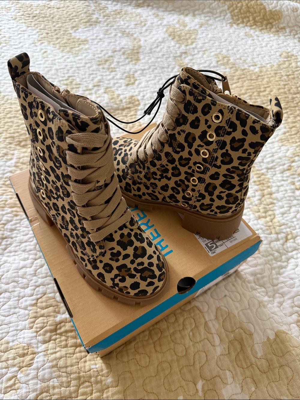 Kids Leopard Print Lace-Up Combat Boots in Tan and Black